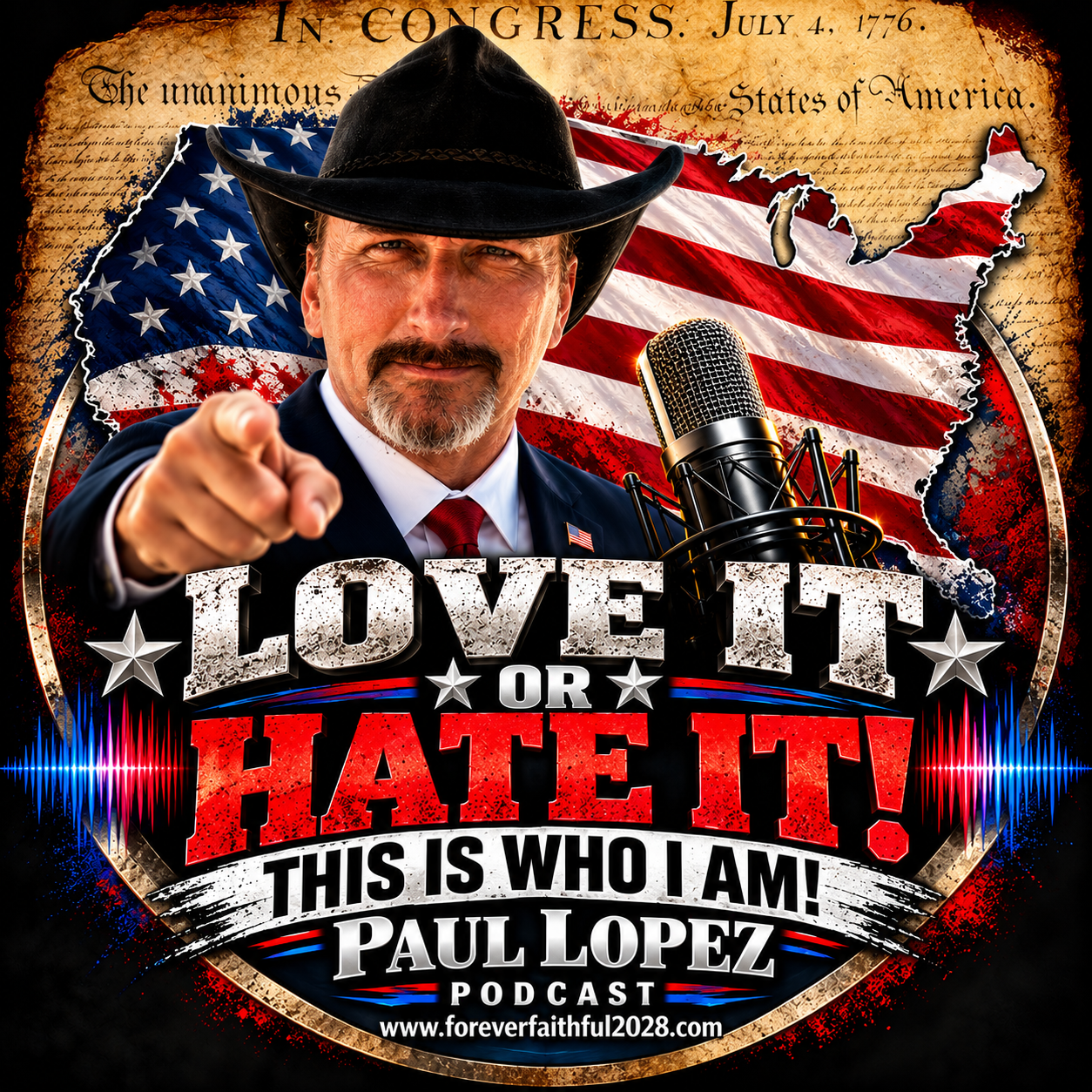 Paul Lopez in a cowboy hat beside a microphone, with an American flag and the podcast title Love It or Hate It! This Is Who I Am!